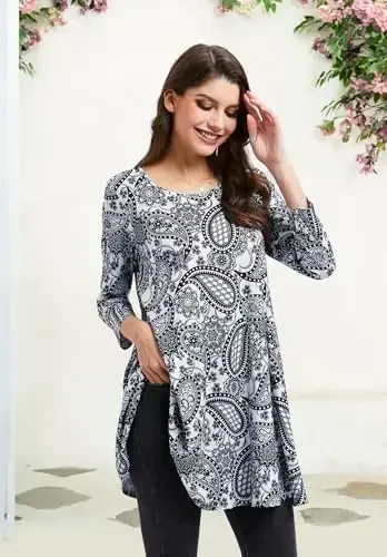 ENMAIN Tunic Tops for Women 3/4 Sleeve Plus Size Women's Tunics Loose Fit Floral Swing Flare Ladies Blouse for Leggings - 4