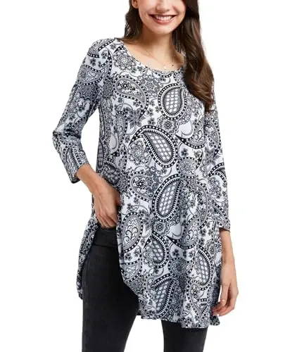 ENMAIN Tunic Tops for Women 3/4 Sleeve Plus Size Women's Tunics Loose Fit Floral Swing Flare Ladies Blouse for Leggings - 1