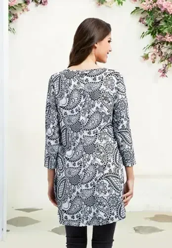 ENMAIN Tunic Tops for Women 3/4 Sleeve Plus Size Women's Tunics Loose Fit Floral Swing Flare Ladies Blouse for Leggings - ENMAIN (1)