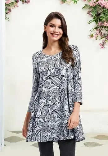 ENMAIN Tunic Tops for Women 3/4 Sleeve Plus Size Women's Tunics Loose Fit Floral Swing Flare Ladies Blouse for Leggings - 3