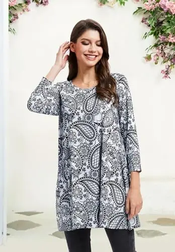 ENMAIN Tunic Tops for Women 3/4 Sleeve Plus Size Women's Tunics Loose Fit Floral Swing Flare Ladies Blouse for Leggings - 5