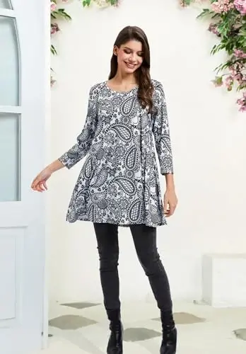ENMAIN Tunic Tops for Women 3/4 Sleeve Plus Size Women's Tunics Loose Fit Floral Swing Flare Ladies Blouse for Leggings - 6