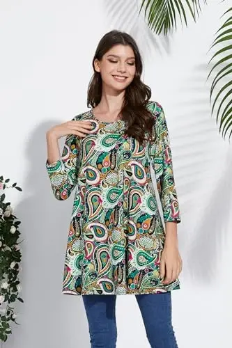 ENMAIN Tunic Tops for Women 3/4 Sleeve Plus Size Women's Tunics Loose Fit Floral Swing Flare Ladies Blouse for Leggings - 3