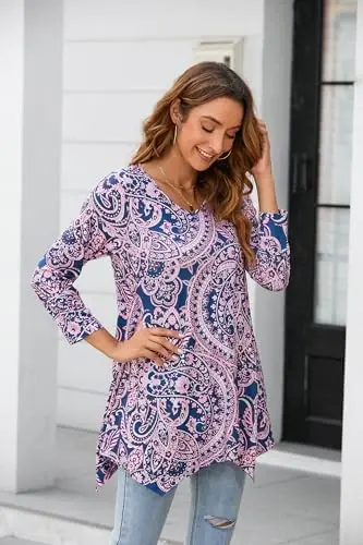 ENMAIN Tunic Tops for Women 3/4 Sleeve Plus Size Women's Tunics Loose Fit Floral Swing Flare Ladies Blouse for Leggings - 3