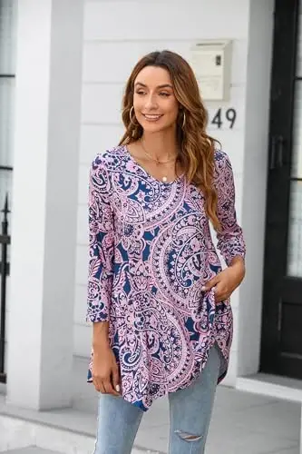 ENMAIN Tunic Tops for Women 3/4 Sleeve Plus Size Women's Tunics Loose Fit Floral Swing Flare Ladies Blouse for Leggings - 4