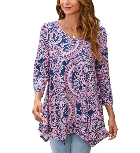ENMAIN Tunic Tops for Women 3/4 Sleeve Plus Size Women's Tunics Loose Fit Floral Swing Flare Ladies Blouse for Leggings - 1