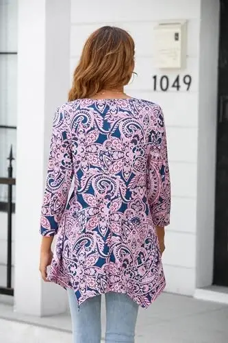 ENMAIN Tunic Tops for Women 3/4 Sleeve Plus Size Women's Tunics Loose Fit Floral Swing Flare Ladies Blouse for Leggings - 2