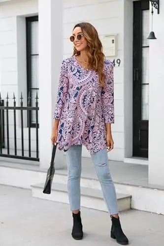 ENMAIN Tunic Tops for Women 3/4 Sleeve Plus Size Women's Tunics Loose Fit Floral Swing Flare Ladies Blouse for Leggings - 5