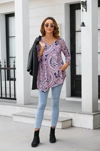 ENMAIN Tunic Tops for Women 3/4 Sleeve Plus Size Women's Tunics Loose Fit Floral Swing Flare Ladies Blouse for Leggings - 6