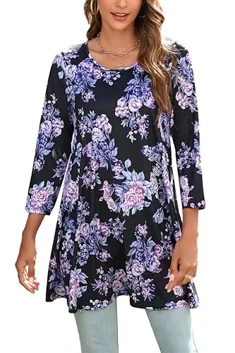 ENMAIN Tunic Tops for Women 3/4 Sleeve Plus Size Women's Tunics Loose Fit Floral Swing Flare Ladies Blouse for Leggings - 1