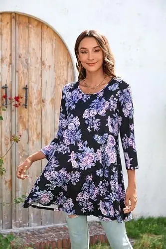 ENMAIN Tunic Tops for Women 3/4 Sleeve Plus Size Women's Tunics Loose Fit Floral Swing Flare Ladies Blouse for Leggings - 2