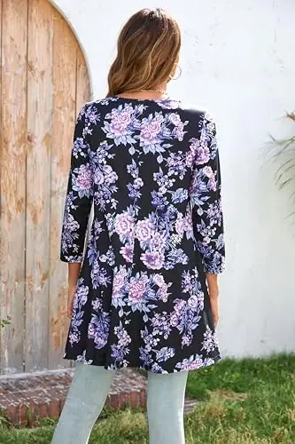 ENMAIN Tunic Tops for Women 3/4 Sleeve Plus Size Women's Tunics Loose Fit Floral Swing Flare Ladies Blouse for Leggings - 3