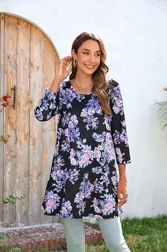 ENMAIN Tunic Tops for Women 3/4 Sleeve Plus Size Women's Tunics Loose Fit Floral Swing Flare Ladies Blouse for Leggings - 5