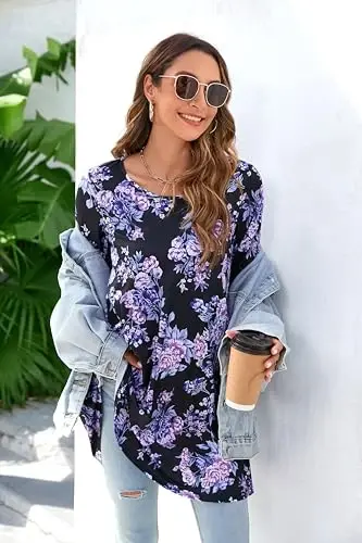 ENMAIN Tunic Tops for Women 3/4 Sleeve Plus Size Women's Tunics Loose Fit Floral Swing Flare Ladies Blouse for Leggings - 6