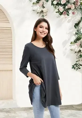 ENMAIN Tunic Tops for Women 3/4 Sleeve Plus Size Women's Tunics Loose Fit Floral Swing Flare Ladies Blouse for Leggings - 3