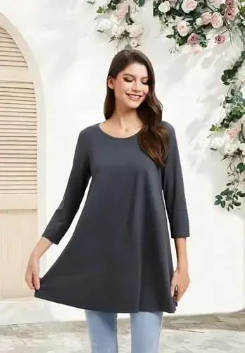 ENMAIN Tunic Tops for Women 3/4 Sleeve Plus Size Women's Tunics Loose Fit Floral Swing Flare Ladies Blouse for Leggings - 4