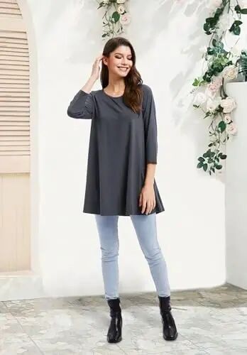 ENMAIN Tunic Tops for Women 3/4 Sleeve Plus Size Women's Tunics Loose Fit Floral Swing Flare Ladies Blouse for Leggings 