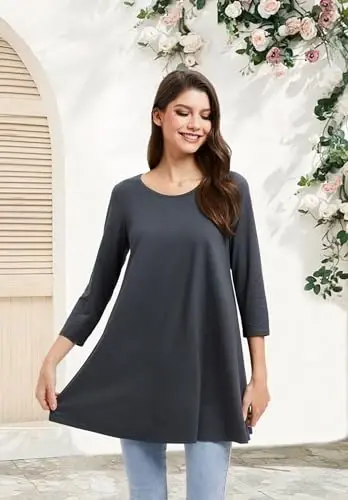 ENMAIN Tunic Tops for Women 3/4 Sleeve Plus Size Women's Tunics Loose Fit Floral Swing Flare Ladies Blouse for Leggings - 4