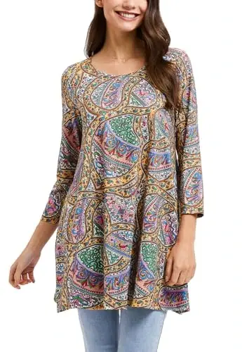 ENMAIN Tunic Tops for Women 3/4 Sleeve Plus Size Women's Tunics Loose Fit Floral Swing Flare Ladies Blouse for Leggings 