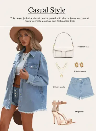 Eytino Denim Jackets for Women Plus Size Long Sleeve Loose Jean Jacket Coats Sky Blue L Female- - 5