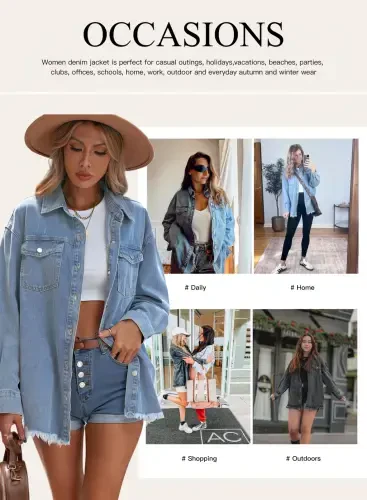 Eytino Denim Jackets for Women Plus Size Long Sleeve Loose Jean Jacket Coats Sky Blue L Female- - 7