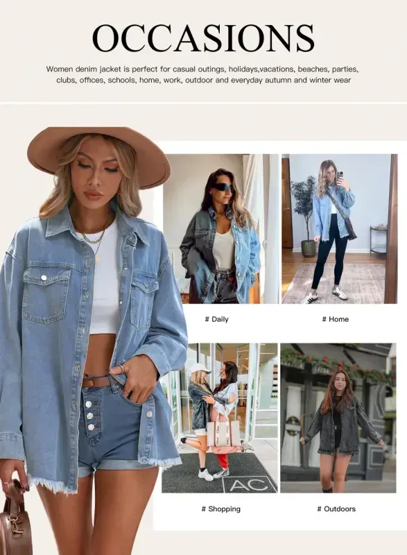 Eytino Denim Jackets for Women Plus Size Long Sleeve Loose Jean Jacket Coats Sky Blue L Female- - 7