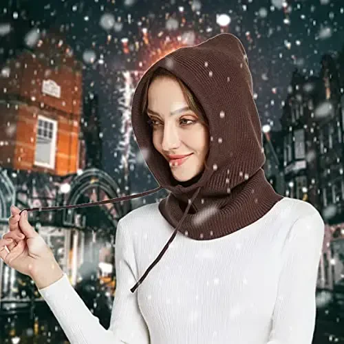 Facecozy Winter Hats for Women, Wool Blend Hooded Scarf Hat for Women Balaclava Knit Skull Cap Beanie Hat Men Neck Gaiters - 5