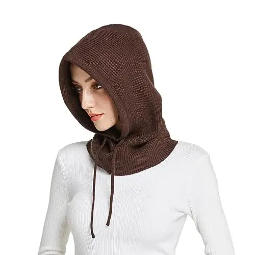 Facecozy Winter Hats for Women, Wool Blend Hooded Scarf Hat for Women Balaclava Knit Skull Cap Beanie Hat Men Neck Gaiters 