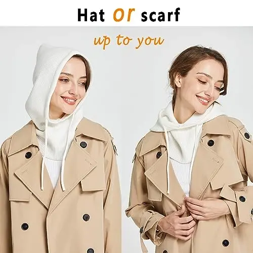 Facecozy Winter Hats for Women, Wool Blend Hooded Scarf Hat for Women Balaclava Knit Skull Cap Beanie Hat Men Neck Gaiters - 2