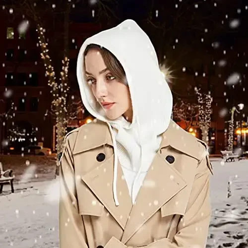 Facecozy Winter Hats for Women, Wool Blend Hooded Scarf Hat for Women Balaclava Knit Skull Cap Beanie Hat Men Neck Gaiters - 4