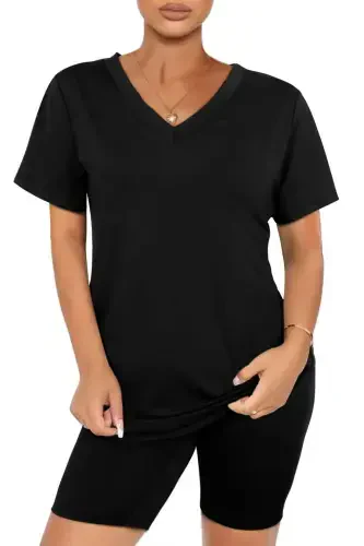 Fantaslook Two Piece Outfits for Women Short Sleeve V Neck Biker Shorts Set Tracksuit- - 3
