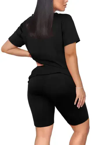 Fantaslook Two Piece Outfits for Women Short Sleeve V Neck Biker Shorts Set Tracksuit- - 5