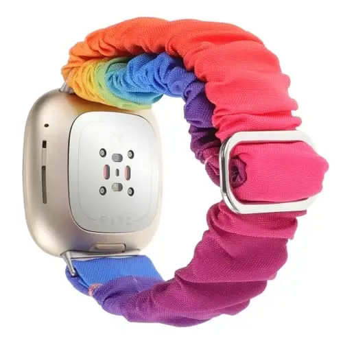 Adjustable Scrunchies Bands Compatible with Fitbit Versa 3/Versa 4/Sense/Sense 2 Bands for Women,Stretchy Wristband Comfy Elastic Scrunchy Smart Watch Band Soft Cloth Fabric Strap - 3