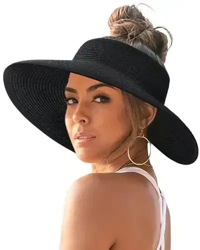 FURTALK Sun Hats for Women Wide Brim Beach Hat Straw Visor Ponytail Summer UV Packable Foldable Beach Vacation Essentials - FURTALK