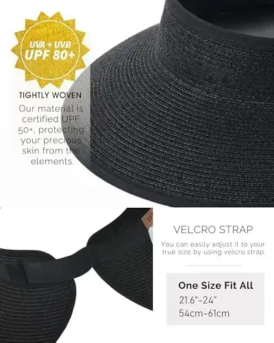 FURTALK Sun Hats for Women Wide Brim Beach Hat Straw Visor Ponytail Summer UV Packable Foldable Beach Vacation Essentials - 3