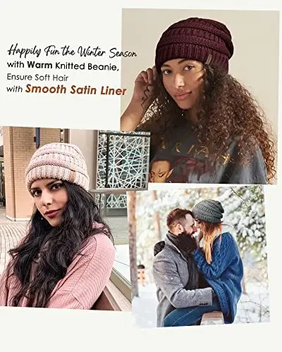 FURTALK Winter Beanie Hat for Women Satin Lined Cable Knit Chunky Slouchy Beanies Skull Warm Cap - 3