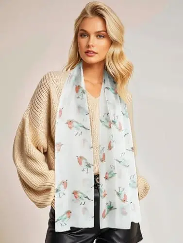 GERINLY Scarfs for Women Lightweight Floral Birds Print Cotton Scarves and Wraps for Summer Shawl 