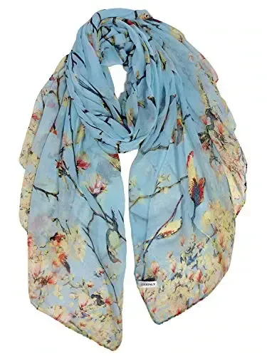 GERINLY Scarfs for Women Lightweight Floral Birds Print Cotton Scarves and Wraps for Fall Shawl - 2