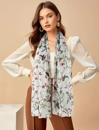 GERINLY Scarfs for Women Lightweight Floral Birds Print Cotton Scarves and Wraps for Fall Shawl - MODAZONE