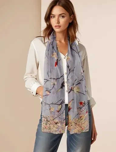GERINLY Scarfs for Women Lightweight Floral Birds Print Cotton Scarves and Wraps for Summer Shawl - 1