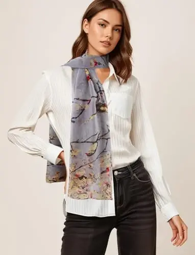 GERINLY Scarfs for Women Lightweight Floral Birds Print Cotton Scarves and Wraps for Summer Shawl - 2