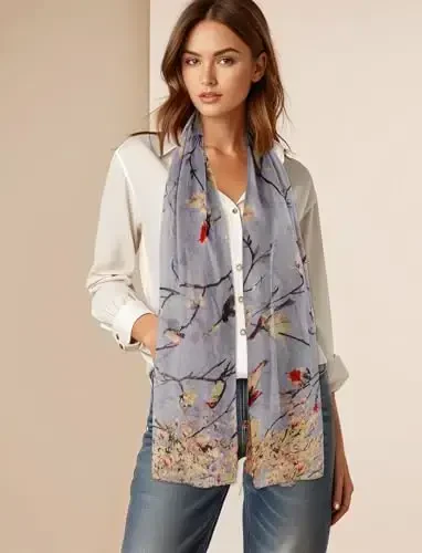 GERINLY Scarfs for Women Lightweight Floral Birds Print Cotton Scarves and Wraps for Fall Shawl - 1