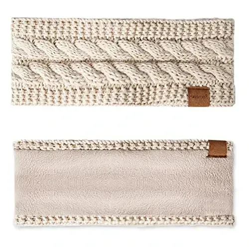Hatromm Winter Headbands for Women Wool 2 Pack, Ear Warmers for Women Headband Knit Thick Fleece Lined, Cold Weather Warm Ear Muffs(Black+Beige) - 6