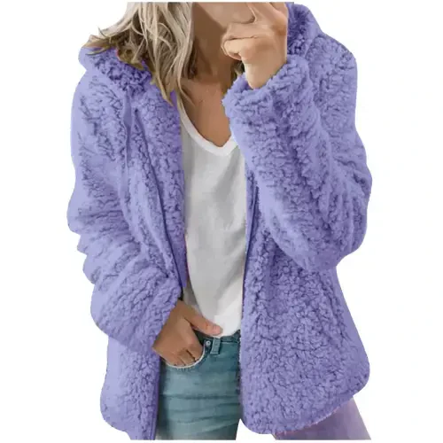 HTNBO Sherpa Fleece Jackets for Women Casual Long Sleeve Zipper Hooded Plush Coat Winter Warm Sweater Tops- - 1