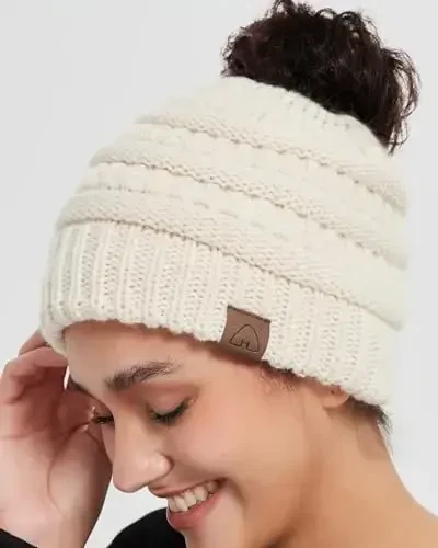 Hat Hut Satin Lined Beanie Hat for Women Silk Lined Winter Hat for Curly Hair Ponytail Beanie Messy Bun Knit Skull Cap - 4