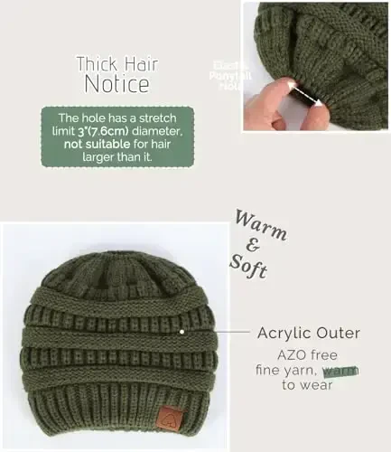 Hat Hut Satin Lined Beanie Hat for Women Silk Lined Winter Hat for Curly Hair Ponytail Beanie Messy Bun Knit Skull Cap - 5