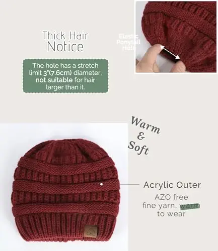 Hat Hut Satin Lined Beanie Hat for Women Silk Lined Winter Hat for Curly Hair Ponytail Beanie Messy Bun Knit Skull Cap - 4