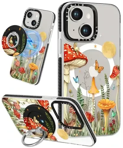 Lotadilo for iPhone 15 Case for Women - Girls Kawaii Design Compatible with Magsafe Magnetic Ring Holder Stand Mushrooms Butterflies Phone Covers Aesthetic Girly TPU Funda for 15 - LOTADILO
