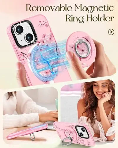 Lotadilo for iPhone 15 Case for Women - Girls Kawaii Design Compatible with Magsafe Magnetic Ring Holder Stand Peach Blossom Phone Covers Aesthetic Girly TPU Funda for 15 - 4