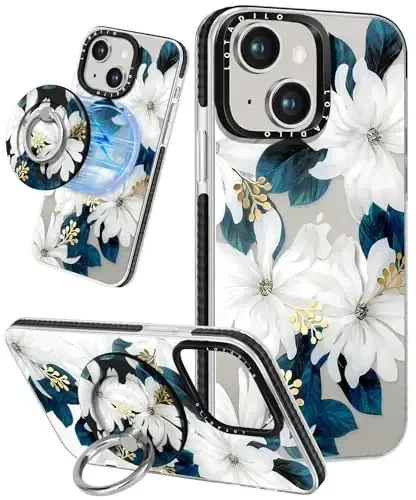 Lotadilo for iPhone 15 Case for Women - Girls Kawaii Design Compatible with Magsafe Magnetic Ring Holder Stand Blue Flower Phone Covers Aesthetic Girly TPU Funda for 15 - LOTADILO